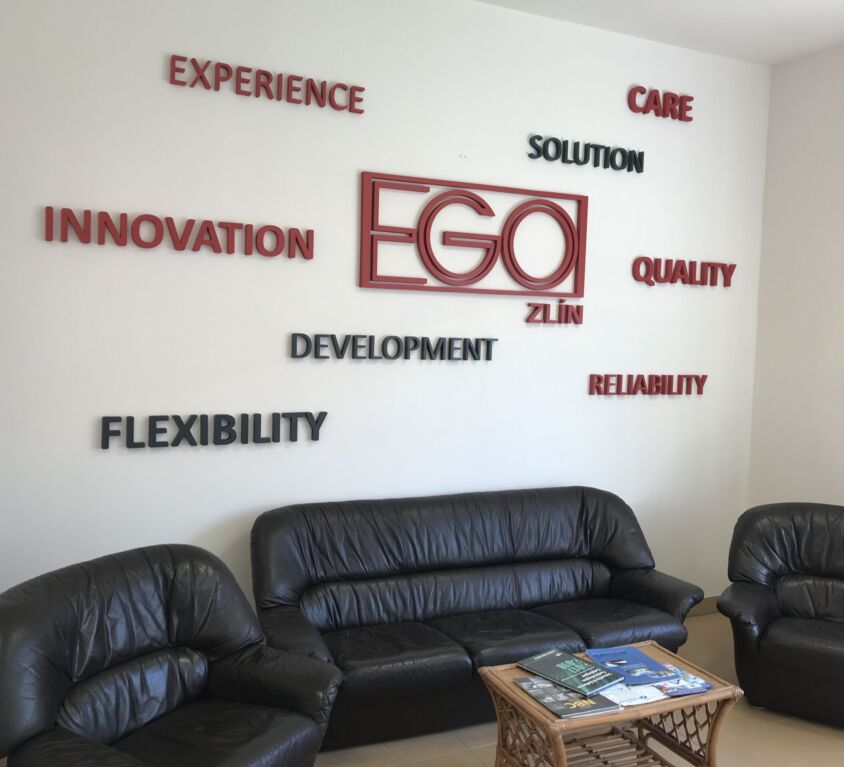 3D logo, hesla a nápisy EGO, Zlín